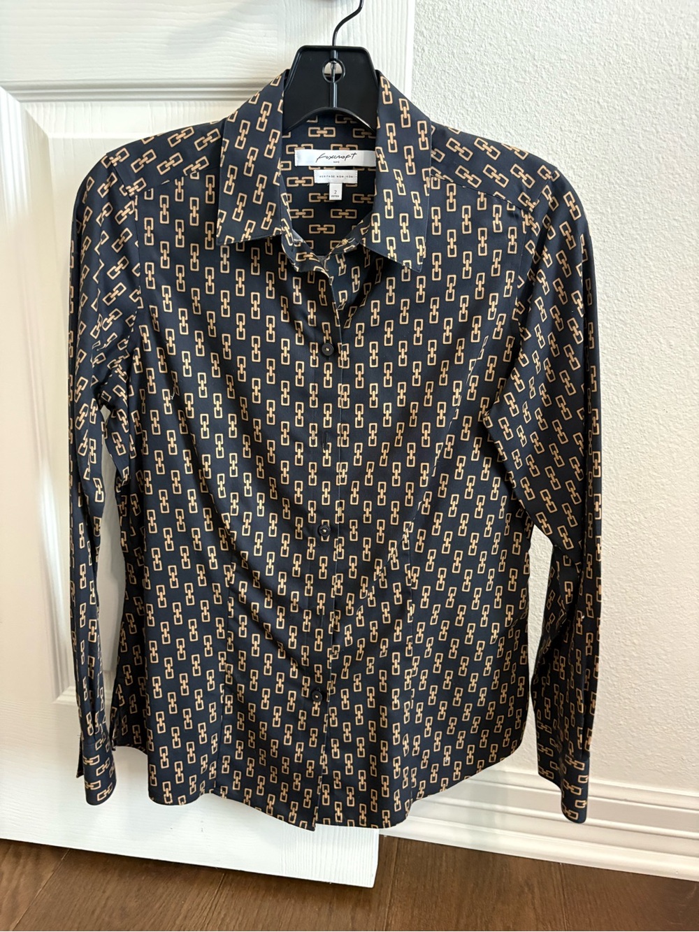 Foxcroft Black Button-Front Blouse with Tan Chain-Link Print